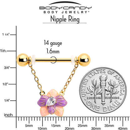 14G 9/16 Clear Gem Gold Tone Pastel Flower Dangle Nipple Ring Set