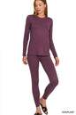Zenana Microfiber Round Neck Top and Leggings Set in Eggplant