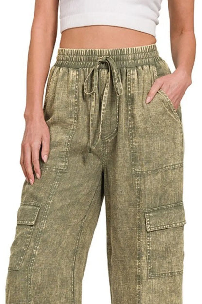 Zenana Washed Linen Elastic Band Waist Cargo Pants in Olive