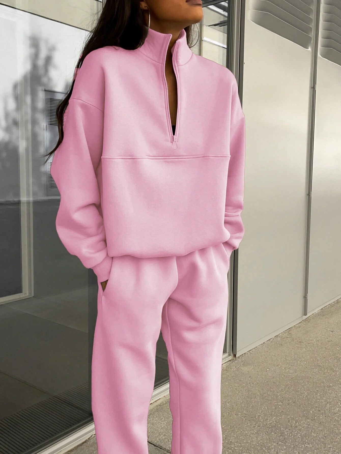 Long-sleeved Sports Sweatsuit Stand-up Collar Zip-up Top And Elastic Band Trousers With Pocket