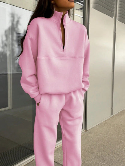 Long-sleeved Sports Sweatsuit Stand-up Collar Zip-up Top And Elastic Band Trousers With Pocket