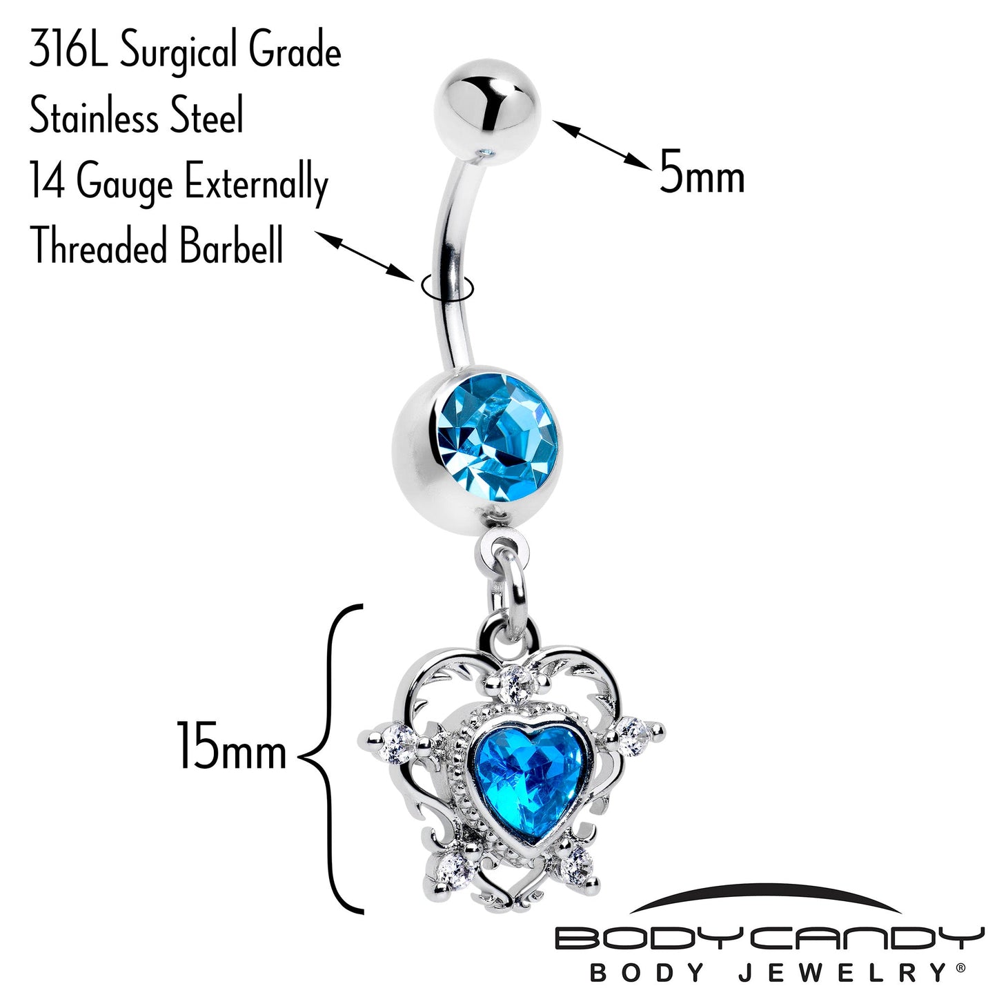 Blue CZ Gem Heart Pair Dangle Belly Ring