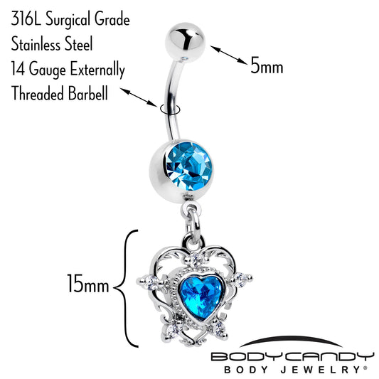 Blue CZ Gem Heart Pair Dangle Belly Ring