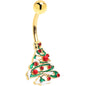 Red Gem Gold Tone Snowy Christmas Tree Holiday Belly Ring