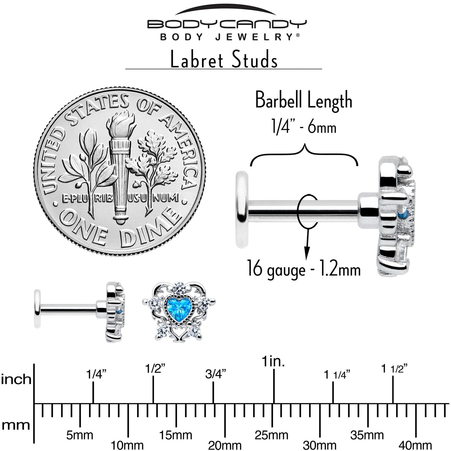 16G Blue Clear CZ Gem Heart Pair Flat Back Earring