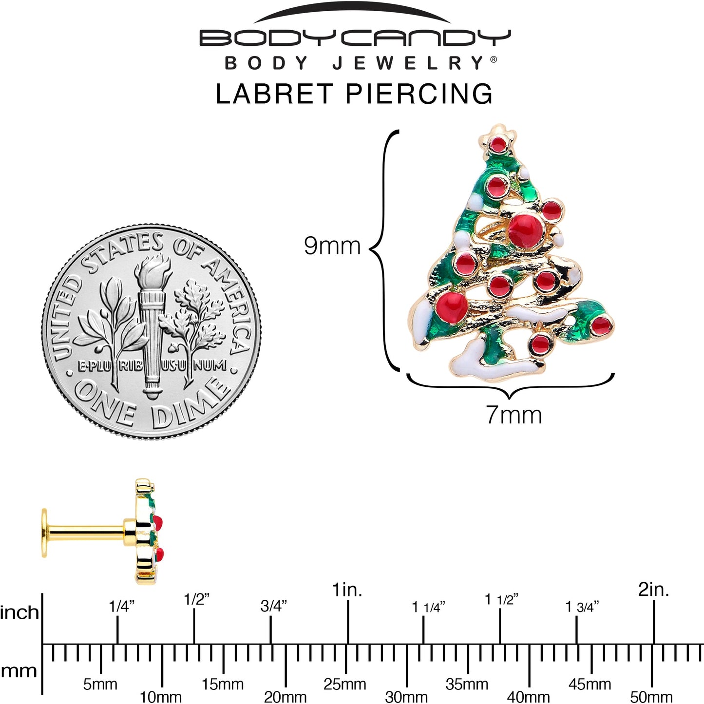 16G 1/4 Gold Tone Snowy Christmas Tree Holiday Labret Monroe Tragus