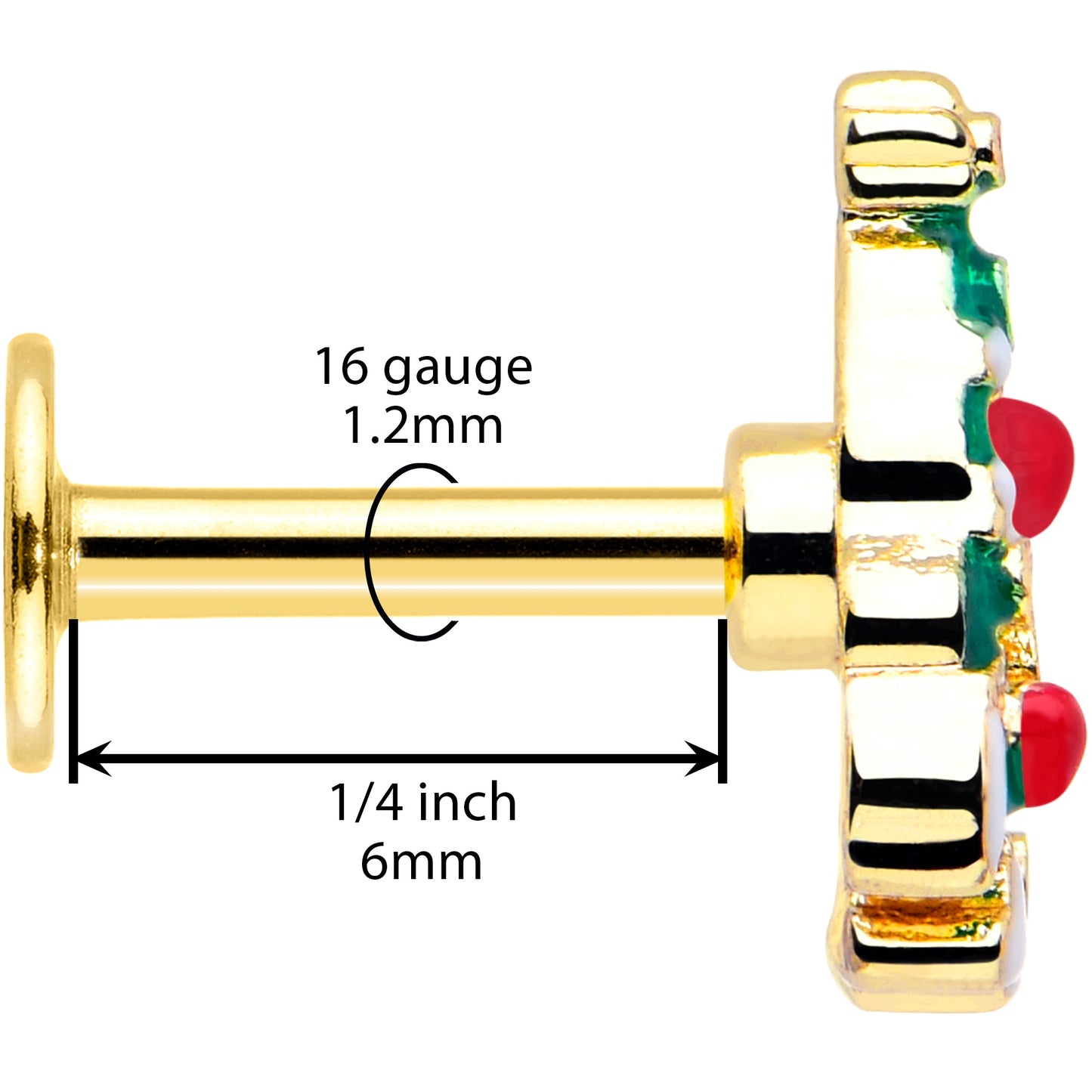16G 1/4 Gold Tone Snowy Christmas Tree Holiday Labret Monroe Tragus