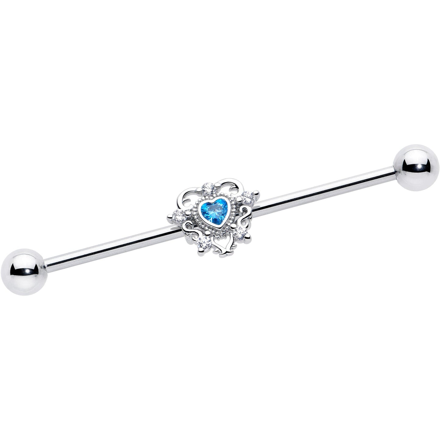 14G Blue Clear CZ Gem Heart Pair Industrial Barbell 38mm
