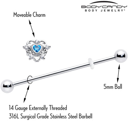 14G Blue Clear CZ Gem Heart Pair Industrial Barbell 38mm