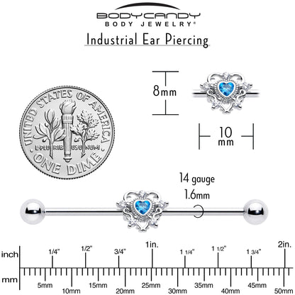 14G Blue Clear CZ Gem Heart Pair Industrial Barbell 38mm