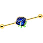 14G Blue Gem Gold Tone Deep Blue Flower Industrial Barbell 38mm