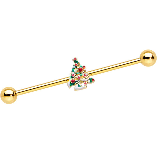 14G Gold Tone Snowy Christmas Tree Holiday Industrial Barbell 38mm