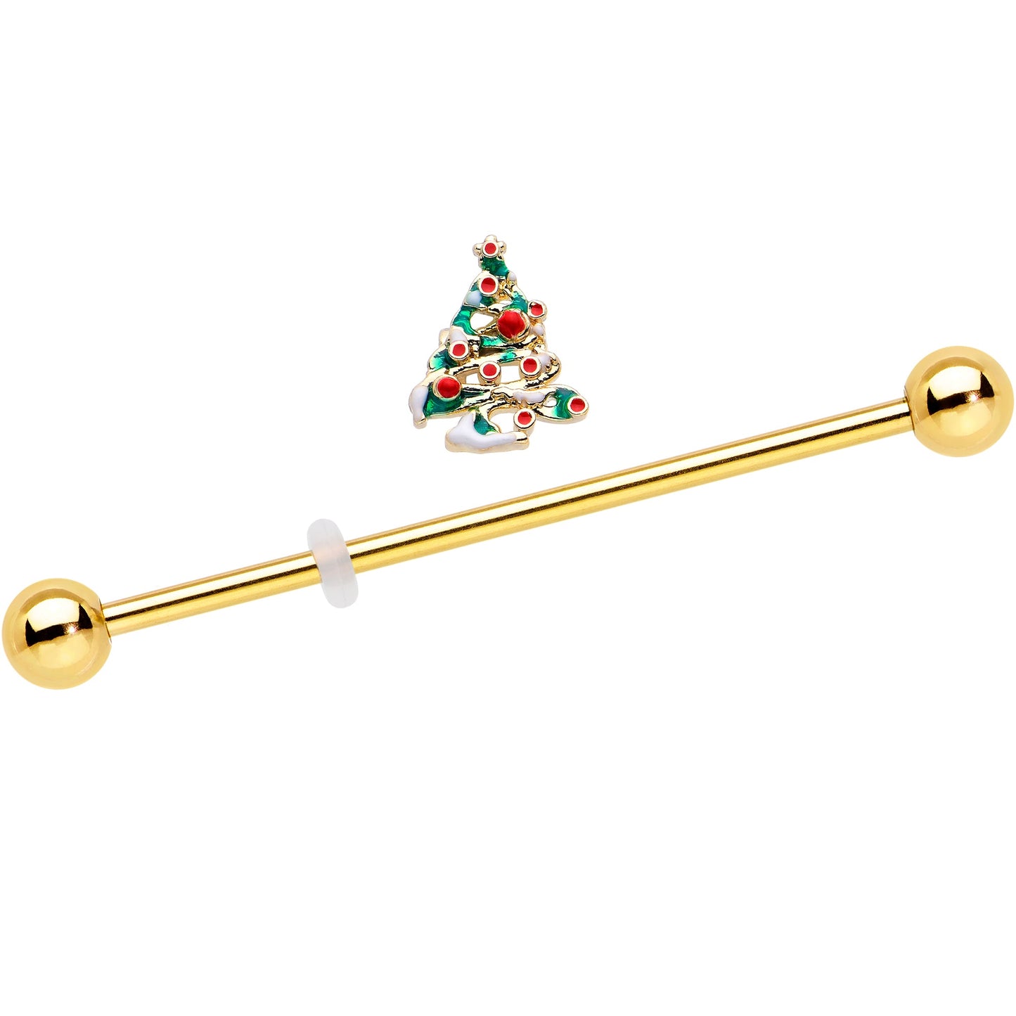 14G Gold Tone Snowy Christmas Tree Holiday Industrial Barbell 38mm