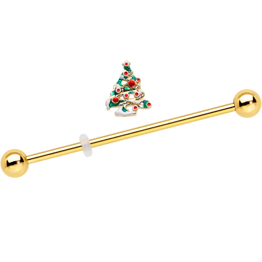 14G Gold Tone Snowy Christmas Tree Holiday Industrial Barbell 38mm