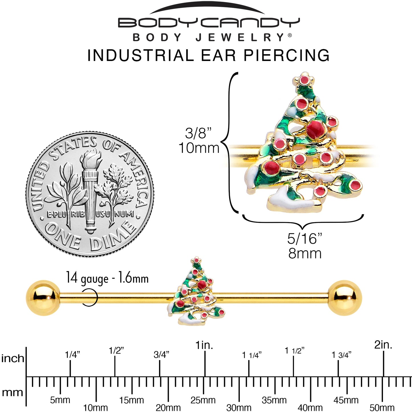 14G Gold Tone Snowy Christmas Tree Holiday Industrial Barbell 38mm