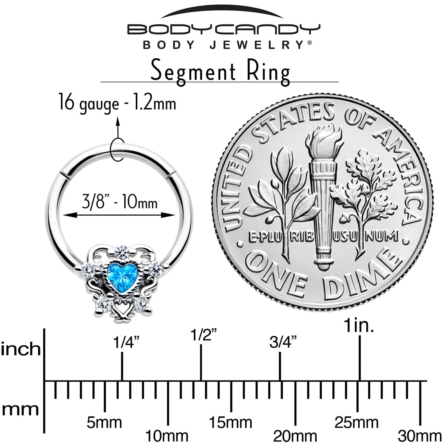 16G 3/8 Blue Clear CZ Gem Heart Pair Hinged Segment Ring