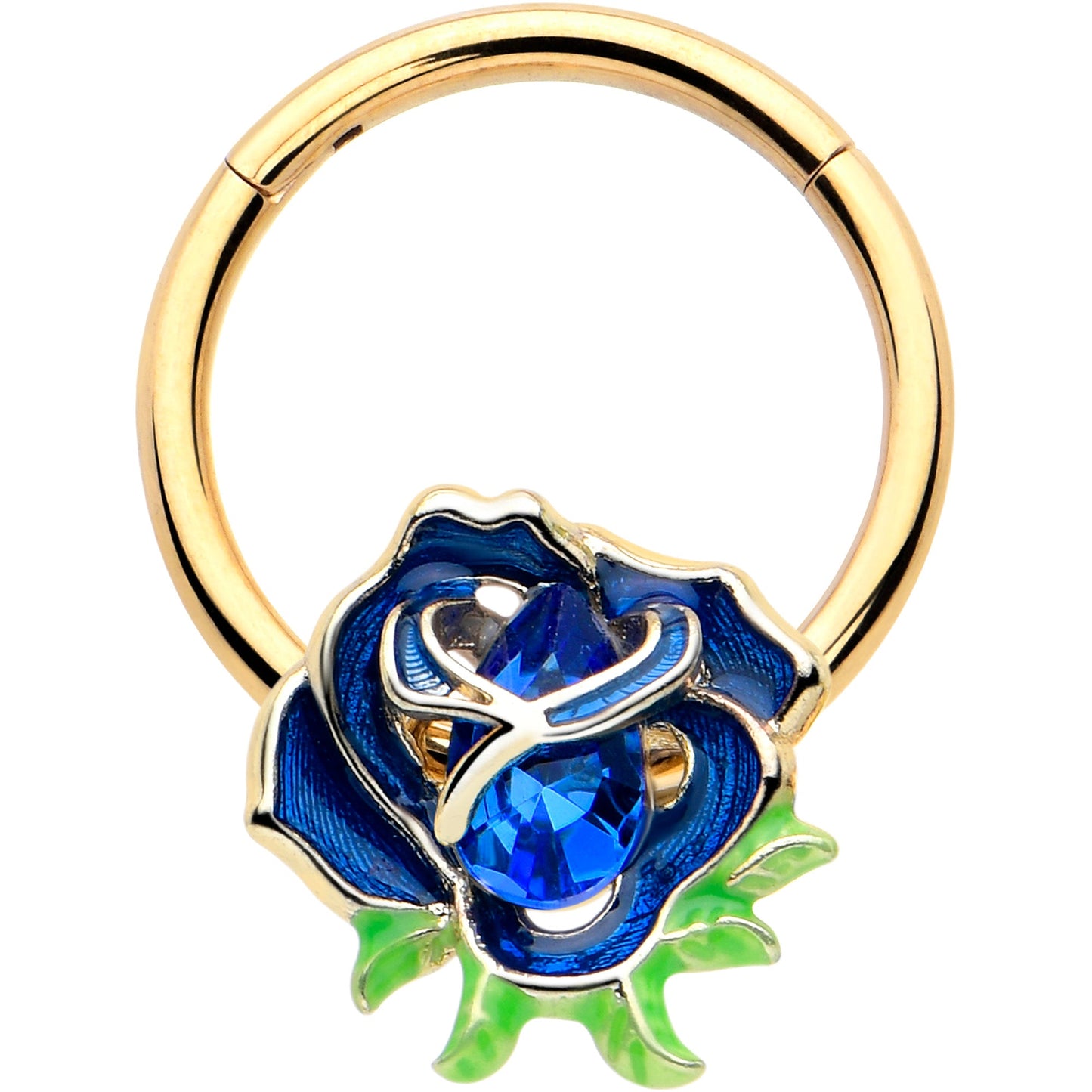 16G 3/8 Blue Gem Gold Tone Deep Blue Flower Hinged Segment Ring