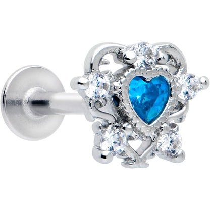 16G 5/16 Blue Clear CZ Gem Heart Pair Labret Monroe Tragus