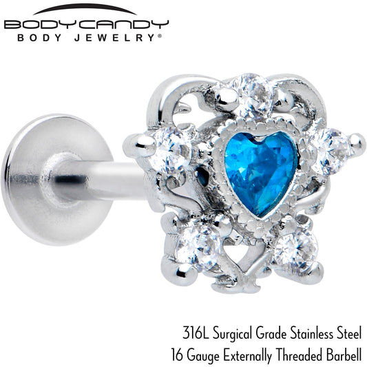 16G 5/16 Blue Clear CZ Gem Heart Pair Labret Monroe Tragus