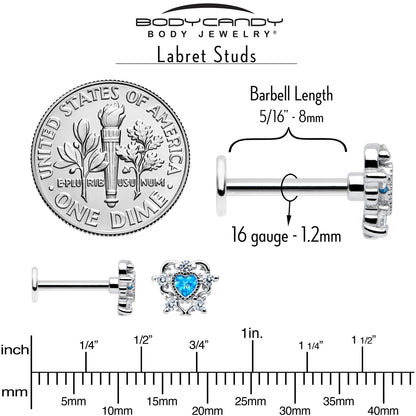16G 5/16 Blue Clear CZ Gem Heart Pair Labret Monroe Tragus