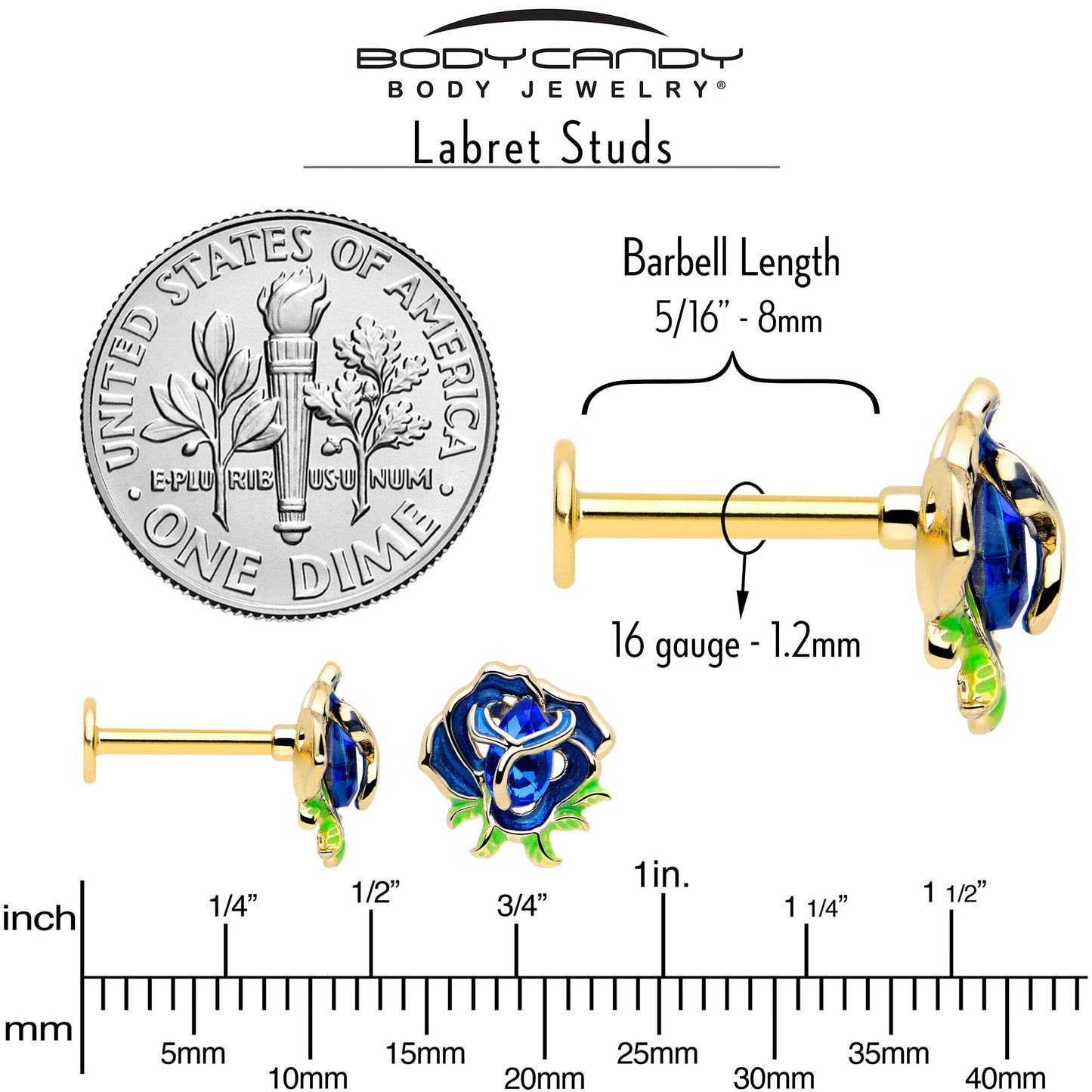 16G 5/16 Blue Gem Gold Tone Deep Blue Flower Labret Monroe Tragus