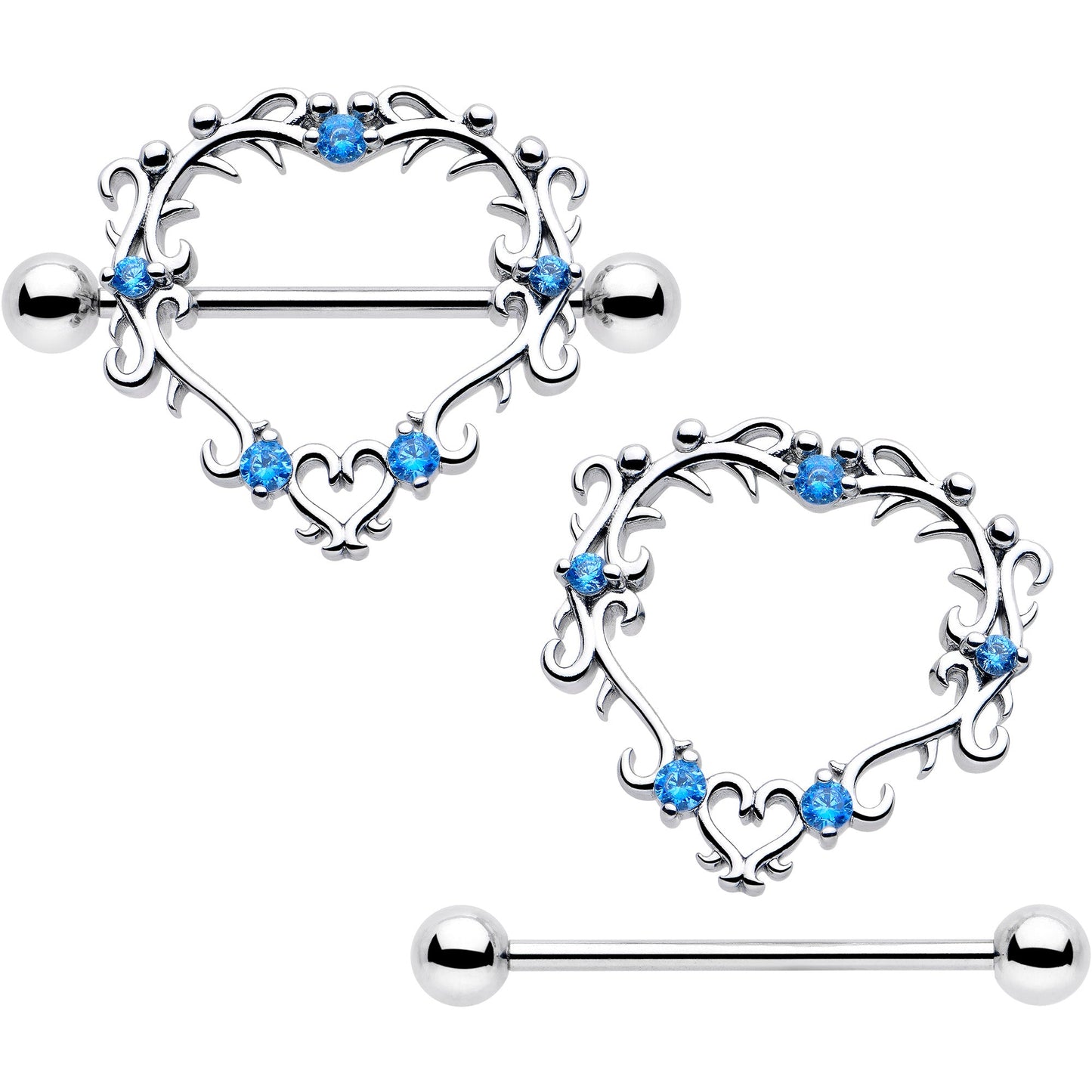 14G 9/16 Blue CZ Gem Leafy Heart Nipple Shield Set