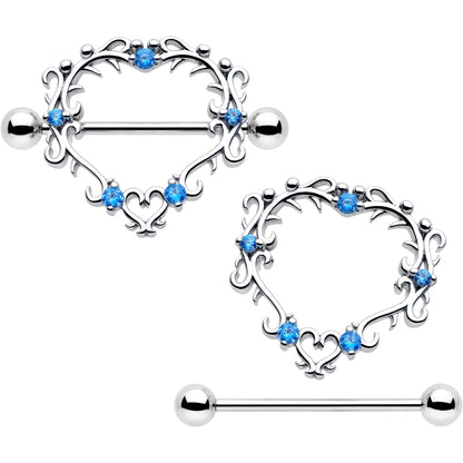 14G 9/16 Blue CZ Gem Leafy Heart Nipple Shield Set