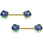 14G 9/16 Blue Gem Gold Hue Deep Blue Flower Barbell Nipple Ring Set