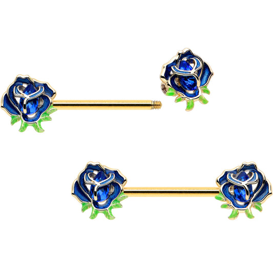14G 9/16 Blue Gem Gold Hue Deep Blue Flower Barbell Nipple Ring Set