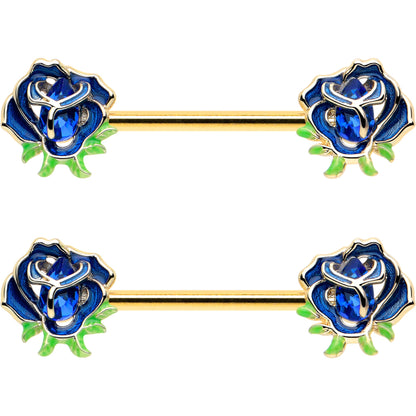 14G 9/16 Blue Gem Gold Hue Deep Blue Flower Barbell Nipple Ring Set