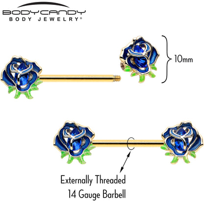 14G 9/16 Blue Gem Gold Hue Deep Blue Flower Barbell Nipple Ring Set