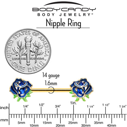 14G 9/16 Blue Gem Gold Hue Deep Blue Flower Barbell Nipple Ring Set