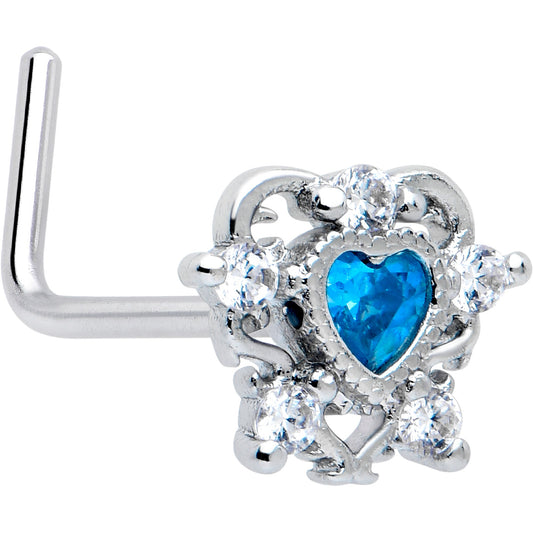 20G 7mm Blue Clear CZ Gem Heart Pair L Shape Nose Ring