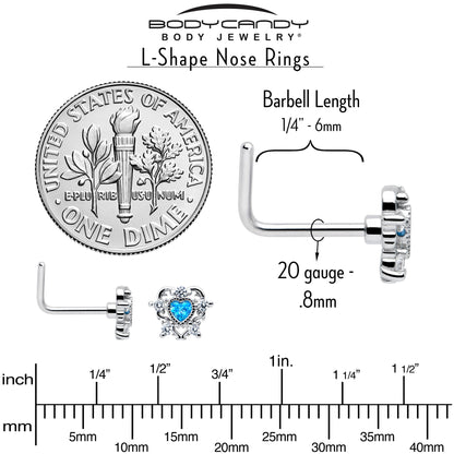 20G 7mm Blue Clear CZ Gem Heart Pair L Shape Nose Ring