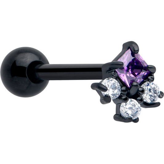 Purple CZ Gem Black Rhombus Riot Barbell Tongue Ring