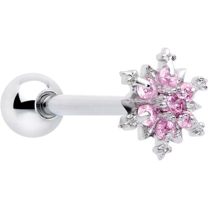 Pink CZ Gem Snowflake Glam Barbell Tongue Ring
