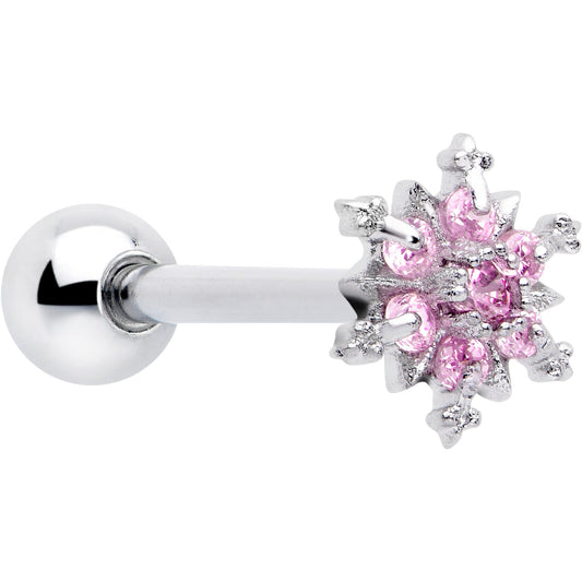 Pink CZ Gem Snowflake Glam Barbell Tongue Ring