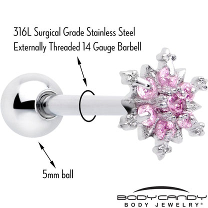 Pink CZ Gem Snowflake Glam Barbell Tongue Ring