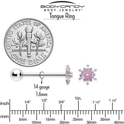 Pink CZ Gem Snowflake Glam Barbell Tongue Ring