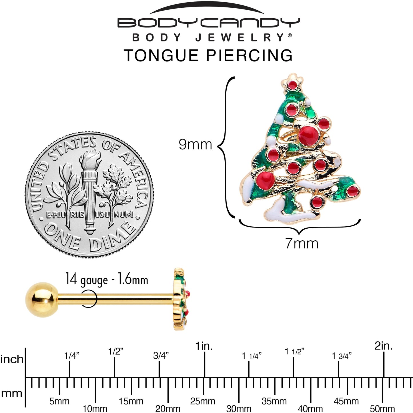 Gold Tone Snowy Christmas Tree Holiday Barbell Tongue Ring