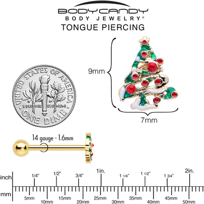 Gold Tone Snowy Christmas Tree Holiday Barbell Tongue Ring