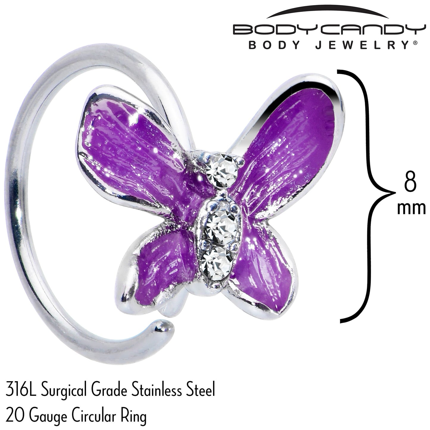 20G 5/16 Clear Gem Chunky Butterfly Purple Nose Hoop
