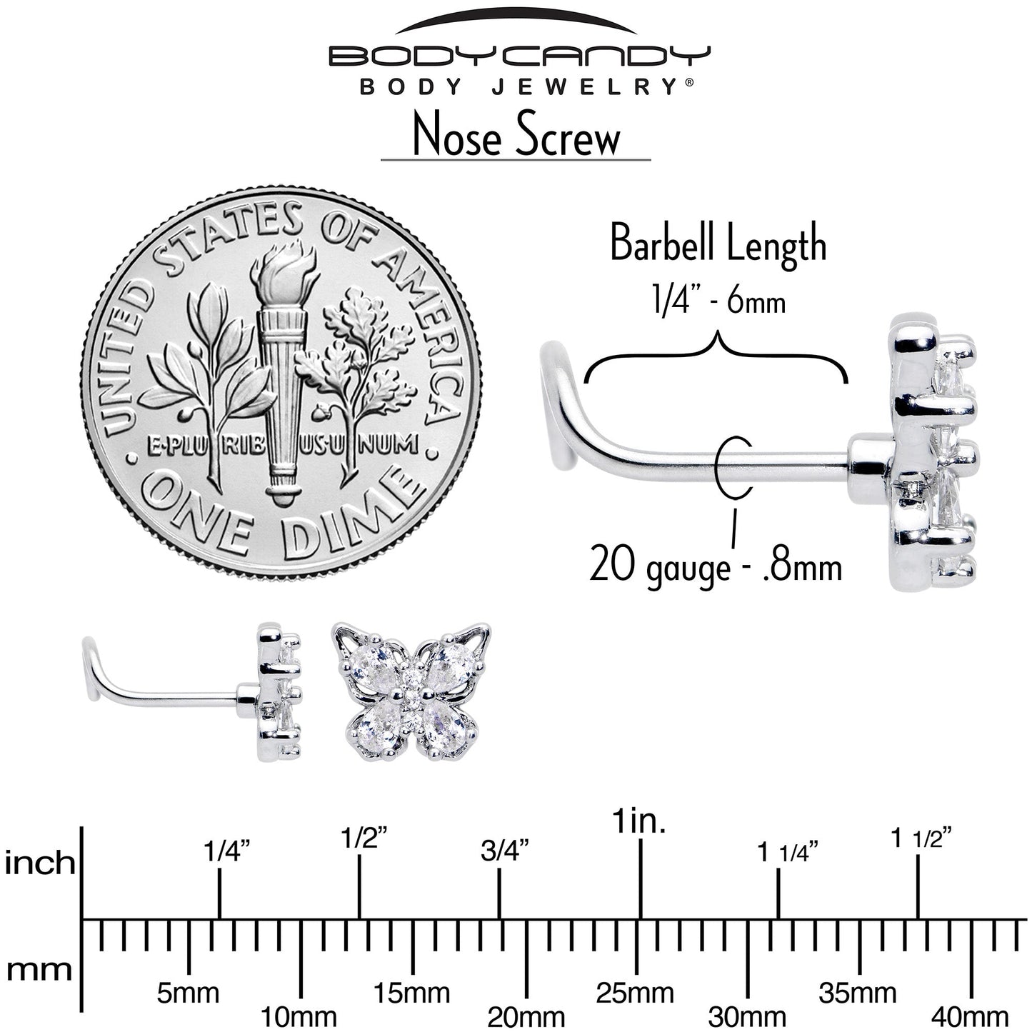 20G 7mm Clear Gem Baroque Beauty Butterfly Left Side Nose Screw