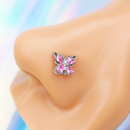 20G 7mm Pink Gem Baroque Beauty Butterfly Left Side Nose Screw