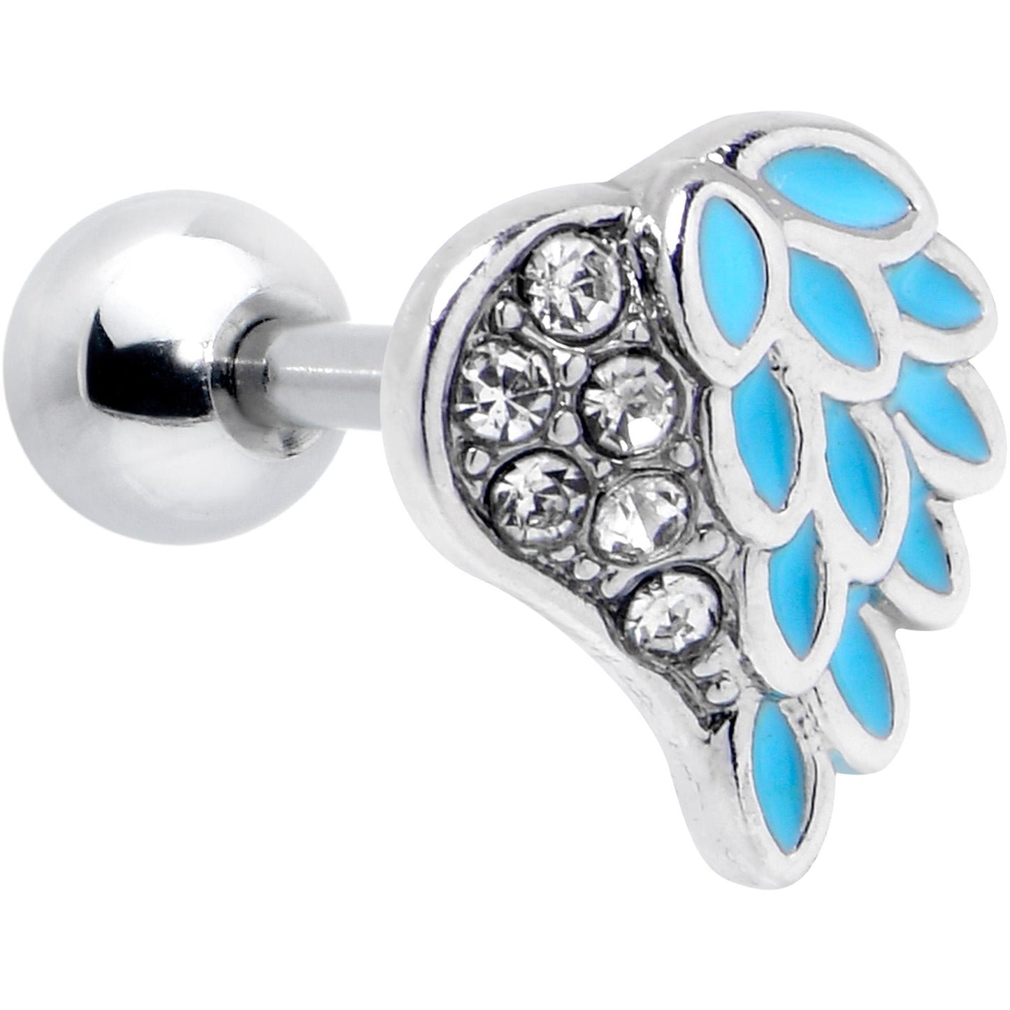 16G 1/4 Clear Gem Heavenly Heart Angel Wing Blue Cartilage Earring