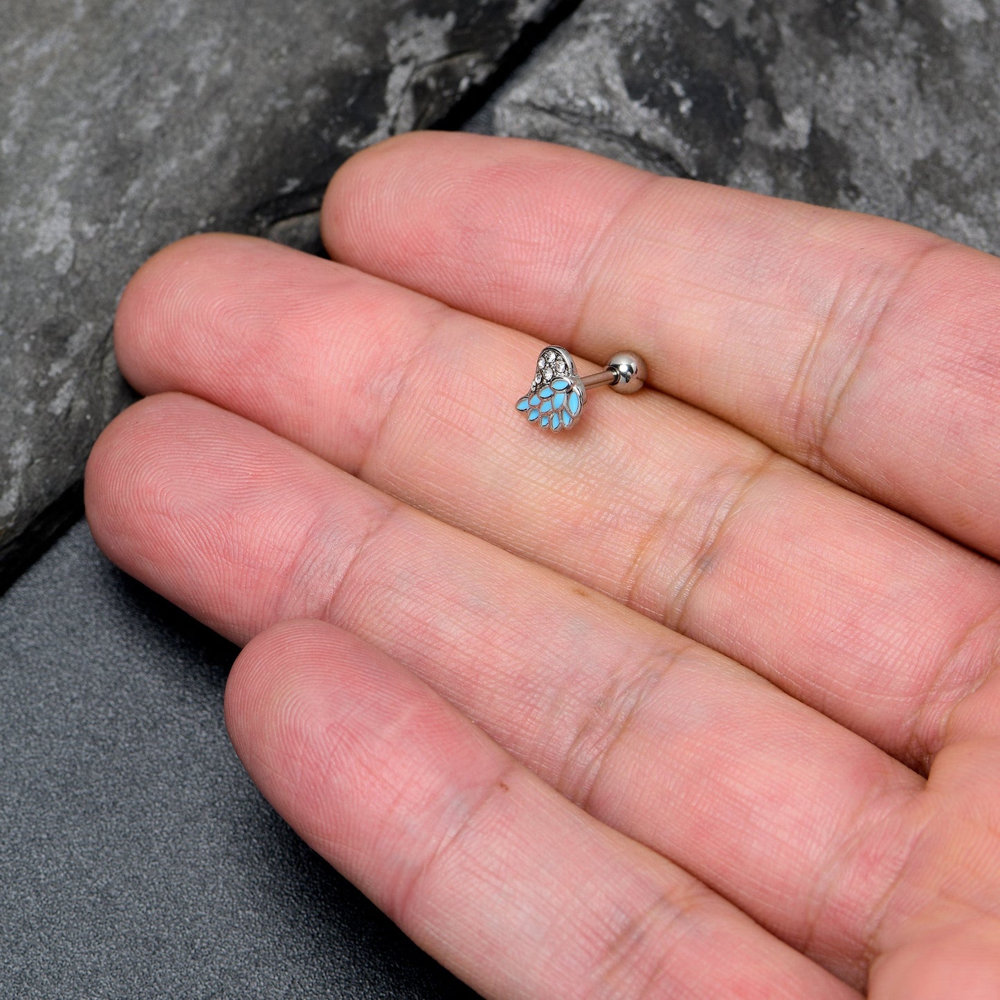 16G 1/4 Clear Gem Heavenly Heart Angel Wing Blue Cartilage Earring