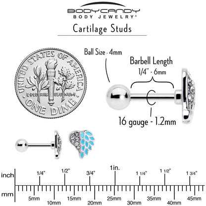 16G 1/4 Clear Gem Heavenly Heart Angel Wing Blue Cartilage Earring