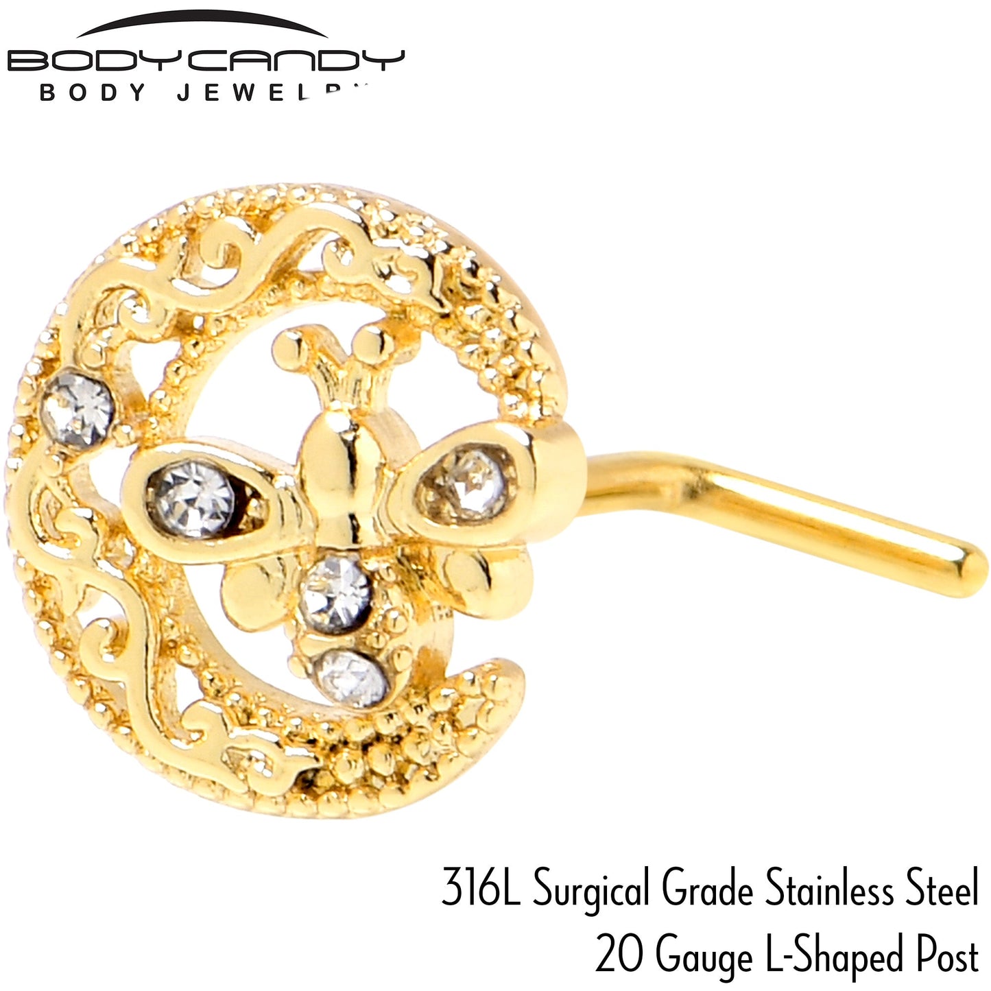 20G 7mm Clear Gem Gold Tone Lunar Dragonfly L Shape Nose Ring