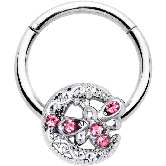 16G 3/8 Pink Gem Lunar Dragonfly Hinged Segment Ring