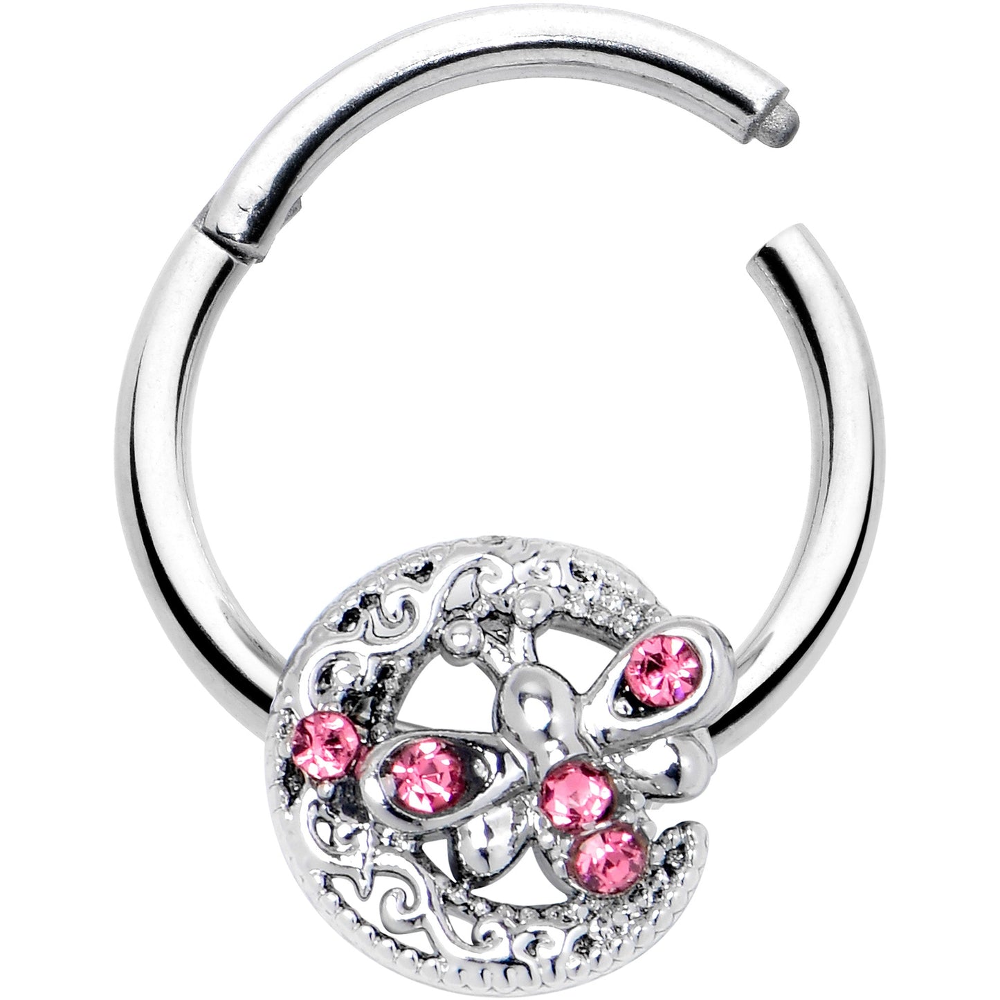 16G 3/8 Pink Gem Lunar Dragonfly Hinged Segment Ring